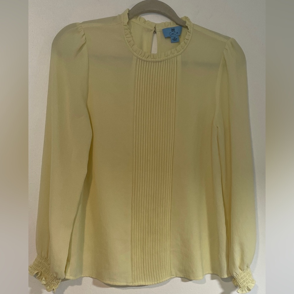 CeCe Summmer Sheer Yellow Pleated Long Sleeve Blouse